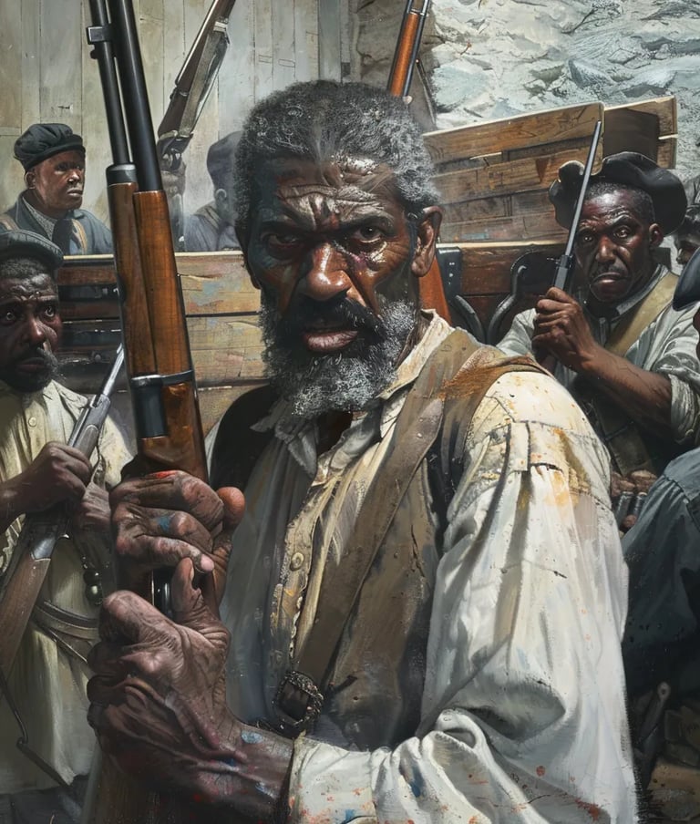 John Brown gripping a Sharps rifle, Harpers Ferry, 1859