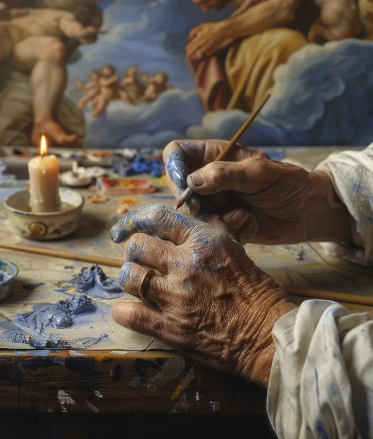 Close-up of Michelangelo dipping a brush into vibrant blue pigment