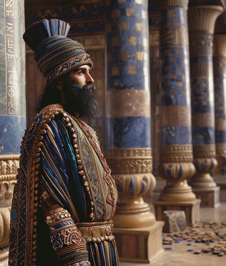 Cyrus the Great, standing before the golden throne of the Babylonian king