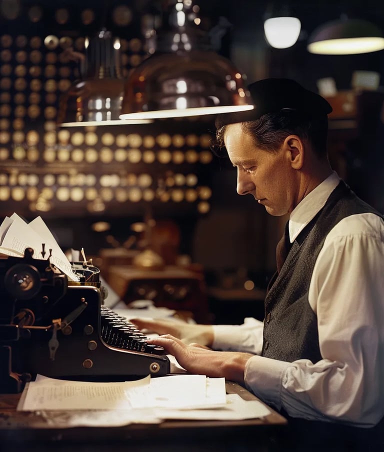 reporter typing on a heavy black typewriter