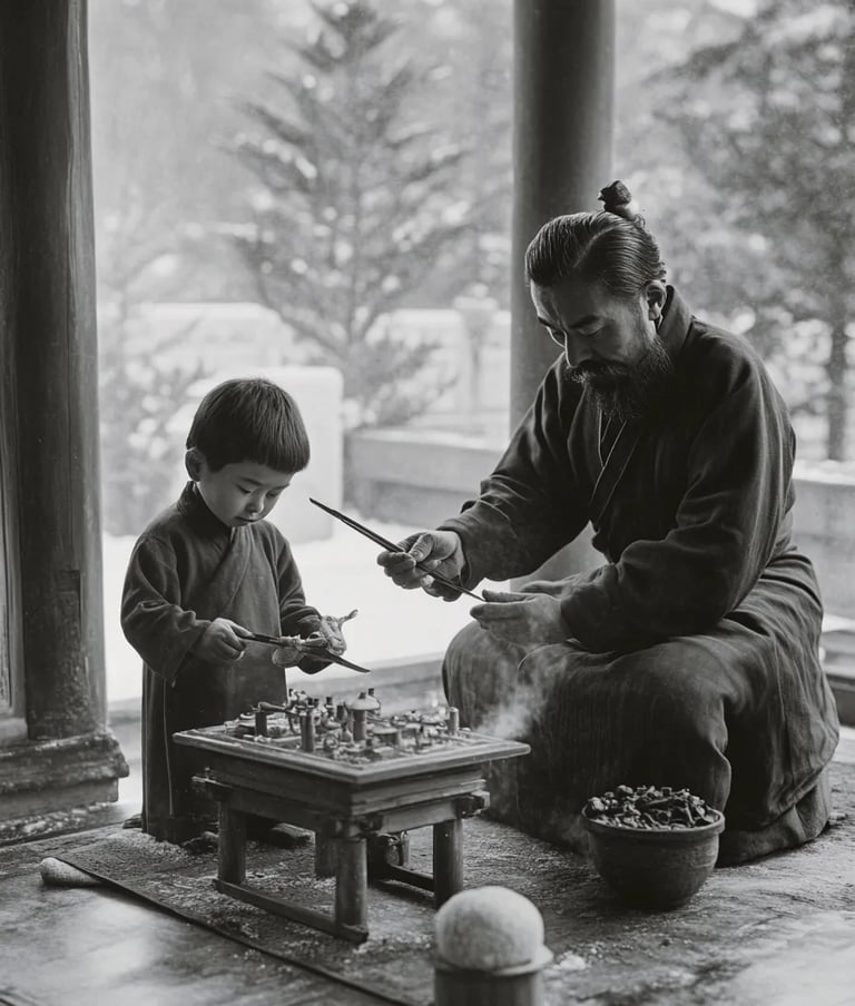 small monarch practices calligraphy under supervision, brush hovering over xuan paper