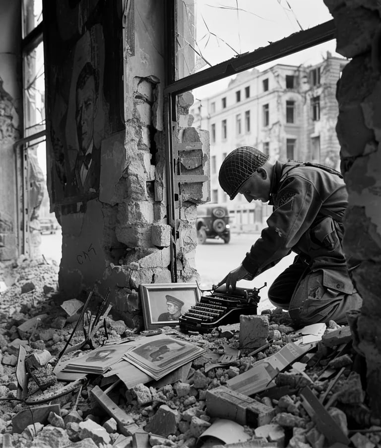soldire kneeling, broken typewriter and scattered paper debris litter the floor