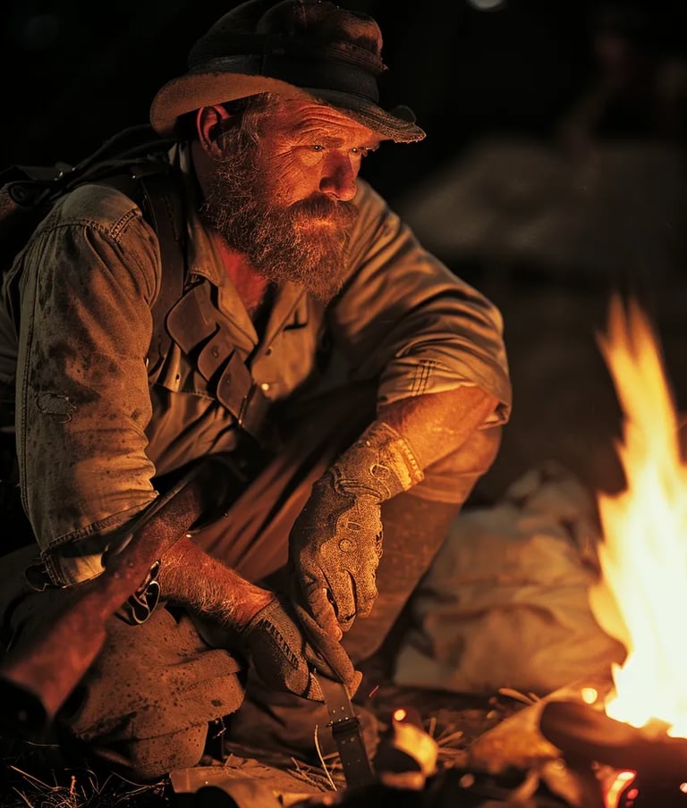 a Boer fighter crouched beside a campfire, holding his rifle