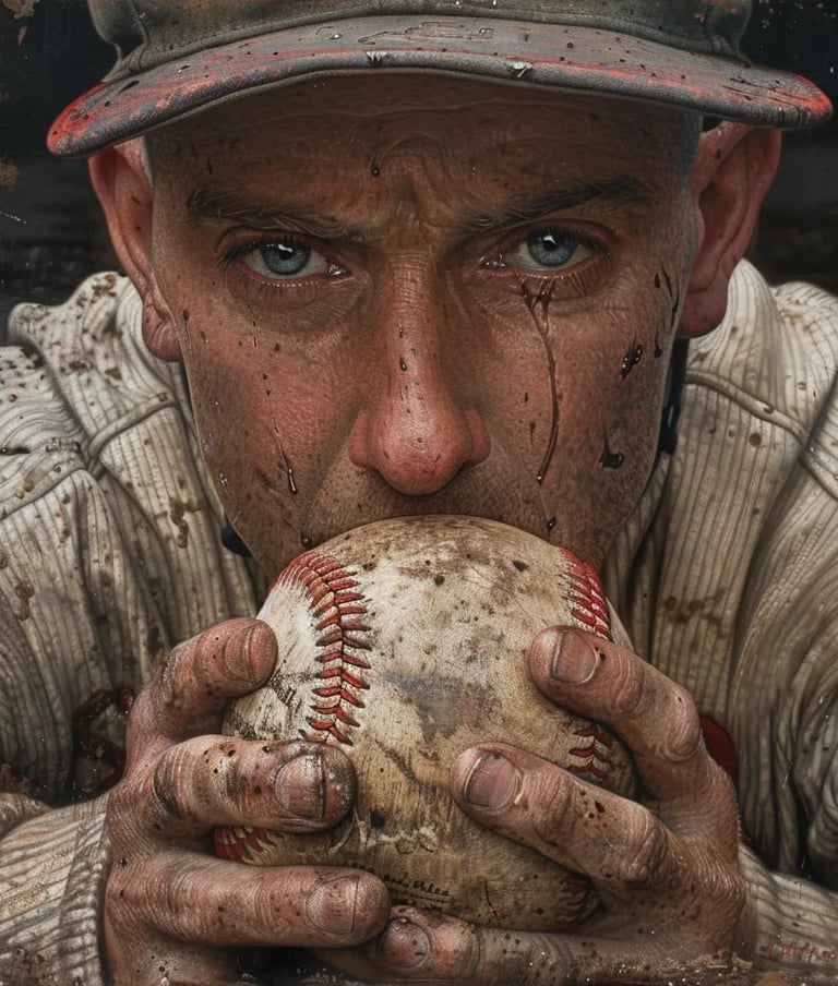 Cy Young gripping a well-worn leather baseball in his calloused hands