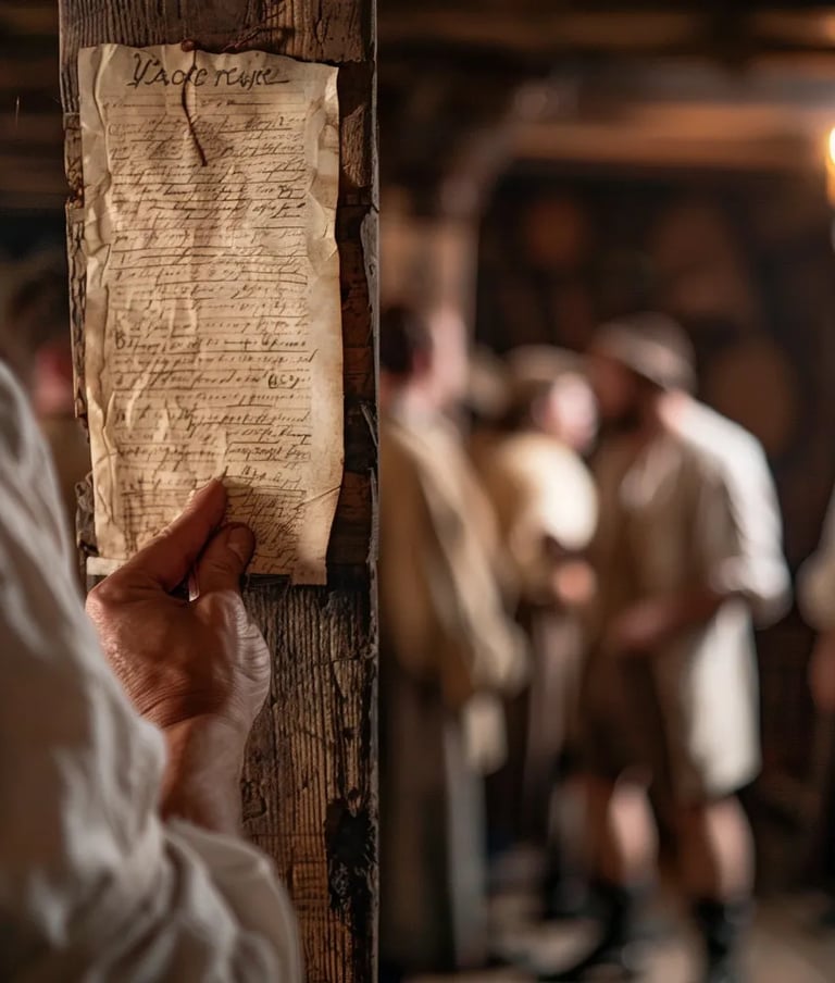 parchment pinned to a wooden post, detailing demands for fair wages and improved working conditions