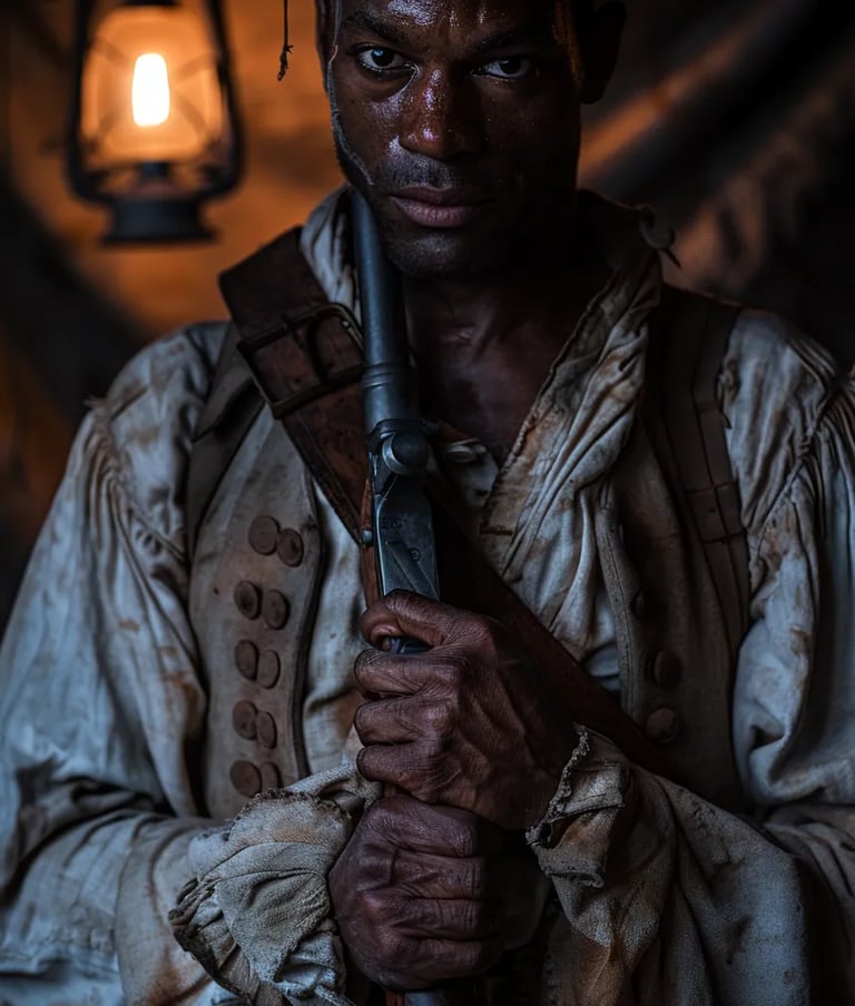 enslaved man in a makeshift uniform, tying a musket strap over his shoulder