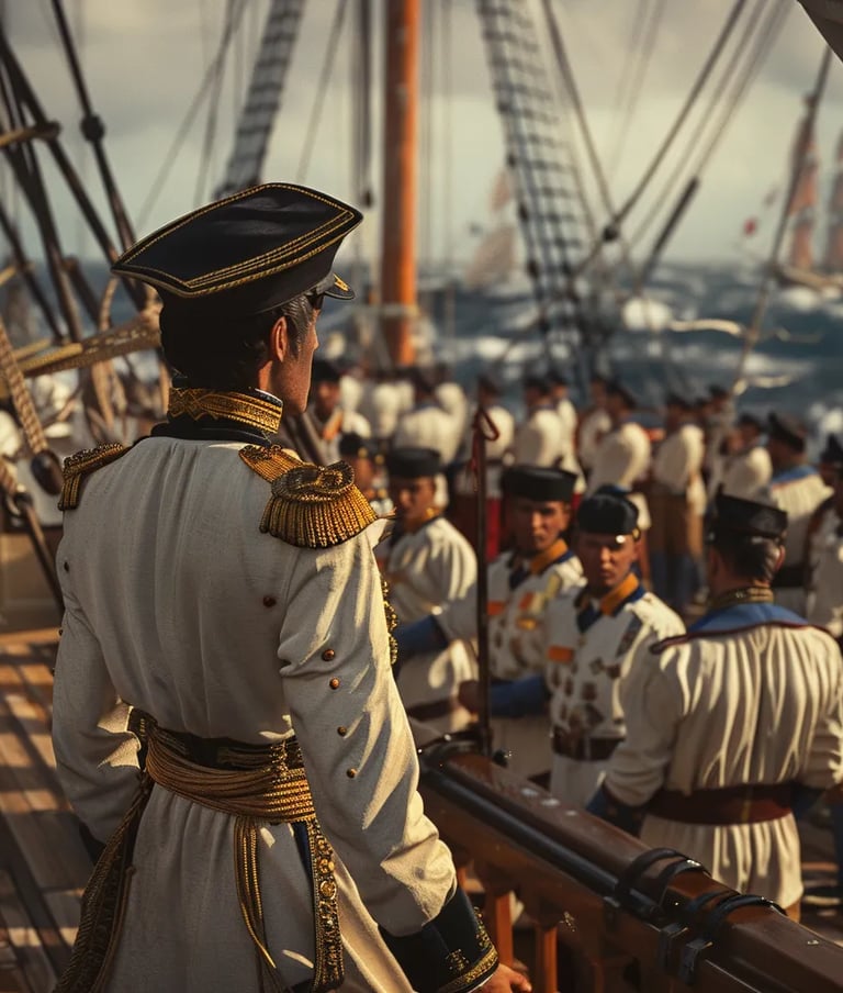 Peruvian naval officer addressing a group of sailors on deck, his uniform adorned with symbols 