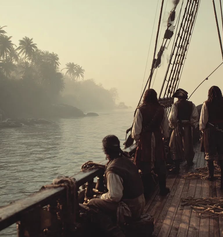 Blackbeard, hair braided with slow-burning fuses, stands on the quarterdeck of the captured vessel