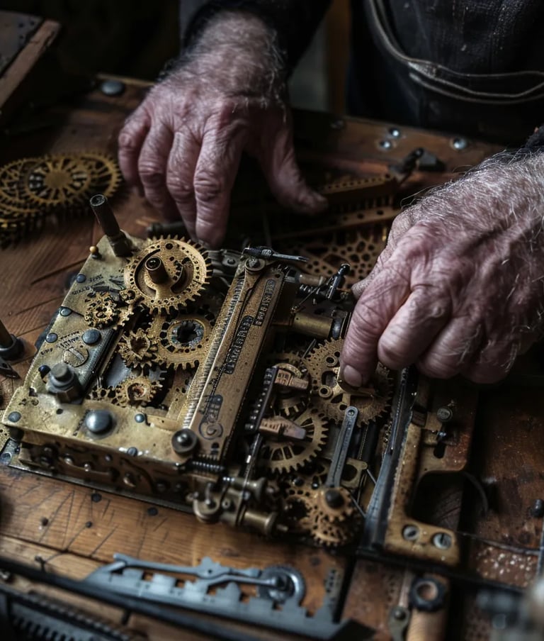 Ritty’s hands assembling the intricate brass mechanisms inside the cash register