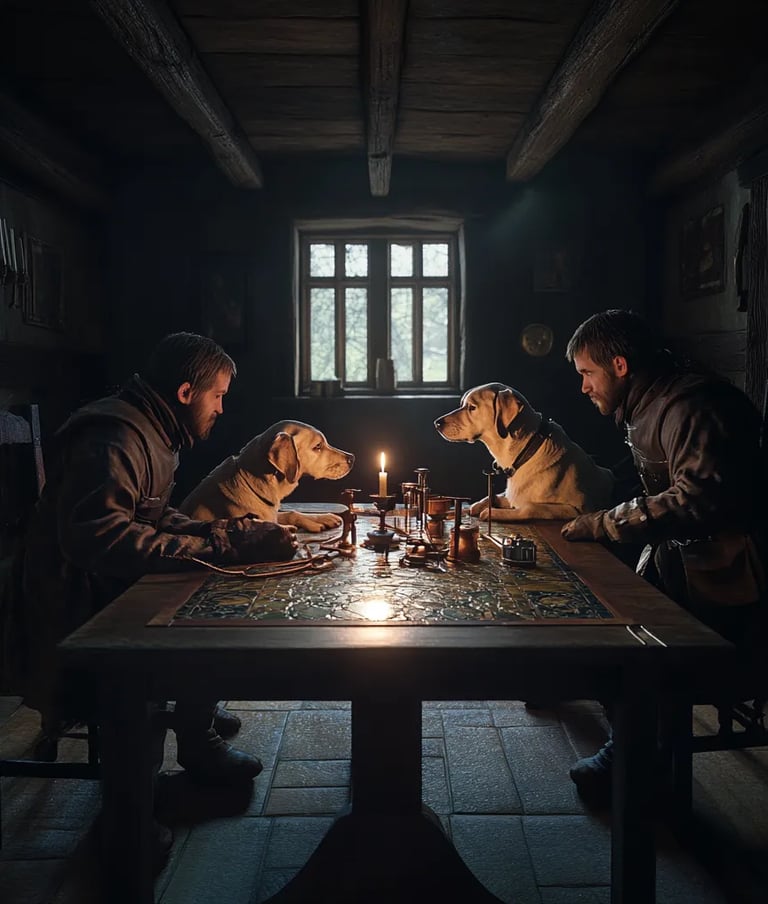 center of a small hall, the two dogs positioned side by side on a stained table