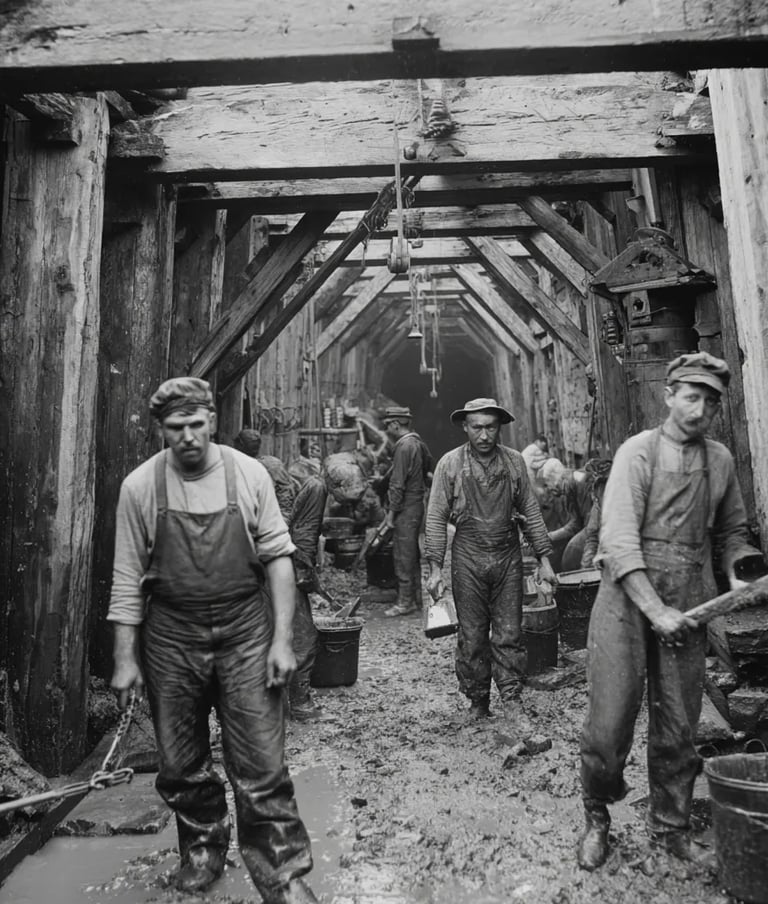 timber-lined cofferdam illuminated by kerosene lanterns, workers in suspenders and wool caps