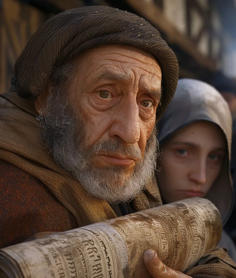 a weary Jewish elder clutching a Torah scroll