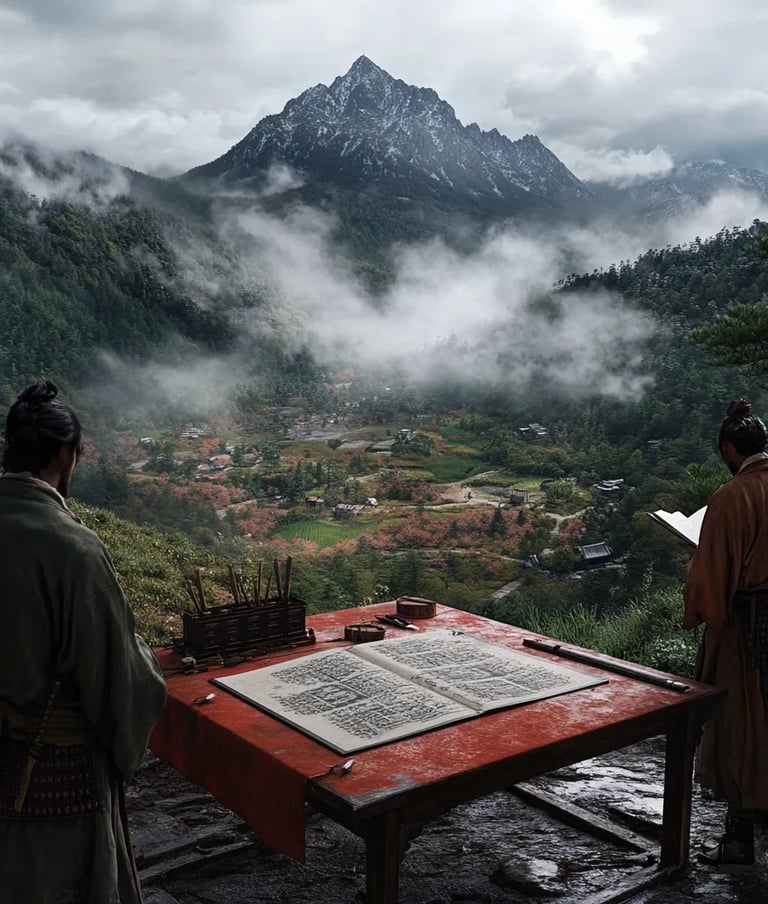 Clearing in the Yamashiro Basin, early surveyors placing bamboo markers across freshly plotted land