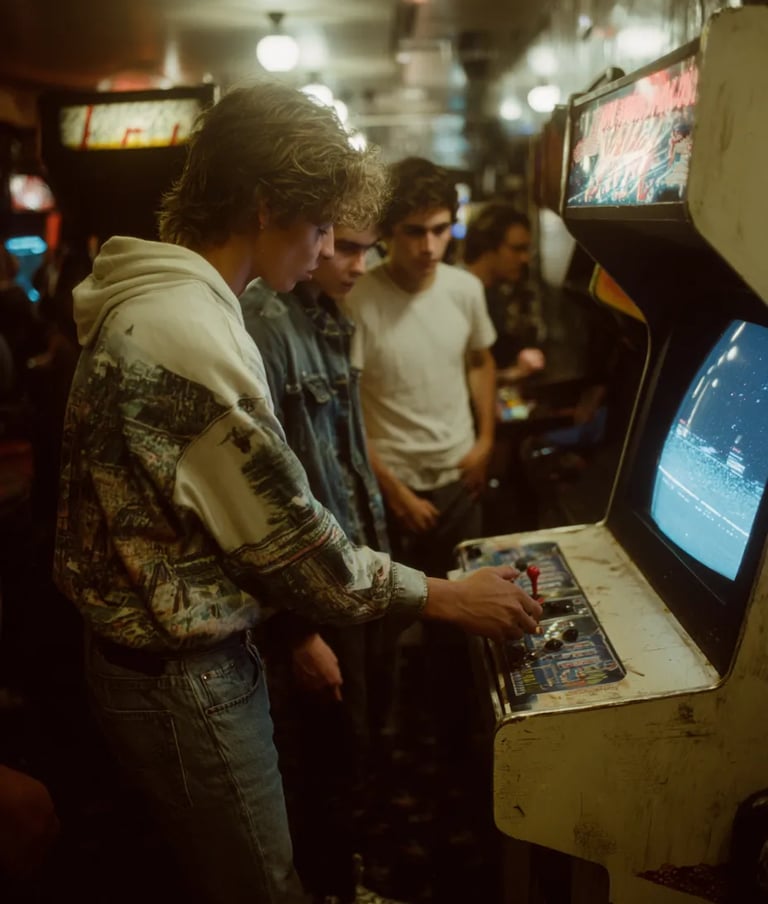 teenage player in a graphic-print shirt grips the joystick