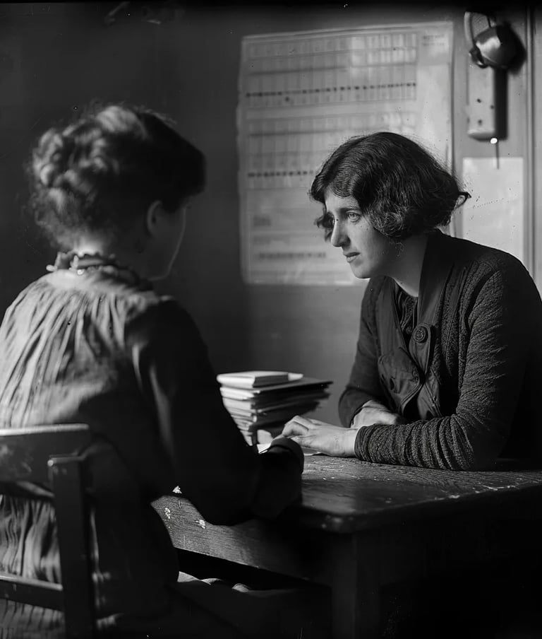 Margaret Sanger sitting at a wooden desk, carefully explaining contraception to a working-class moth