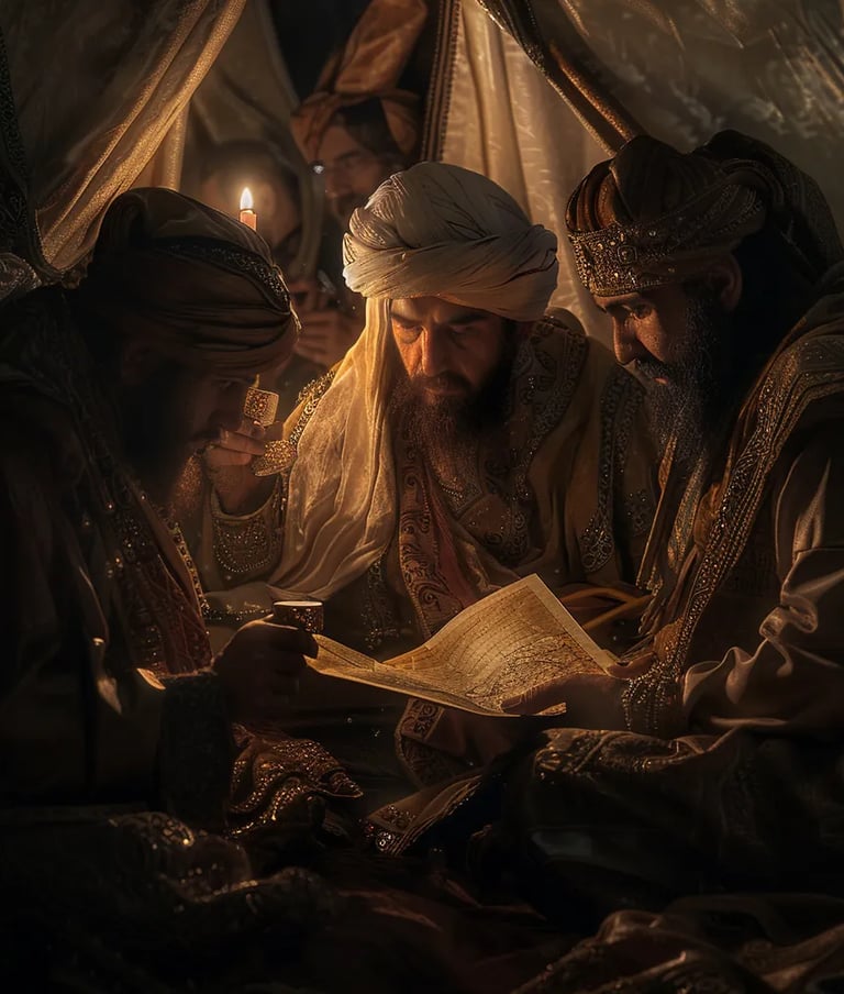 Sultan Murad II studying a map inside an elaborately decorated tent