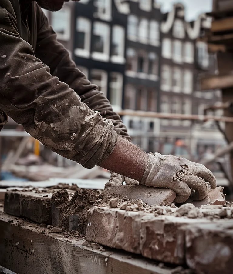 Close-up of a mason laying the first bricks of a new stone building