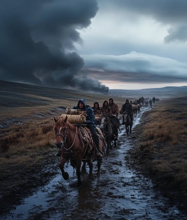 Creek families loading wagons with meager possessions under watch of uniformed agents on horseback