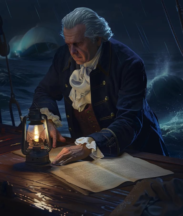 Franklin leaning over a wooden table, studying diplomatic papers by lantern light.