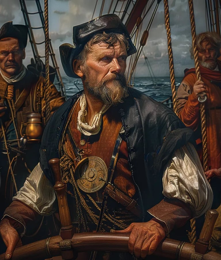 Ferdinand Magellan standing at the helm, his face weathered by months at sea.