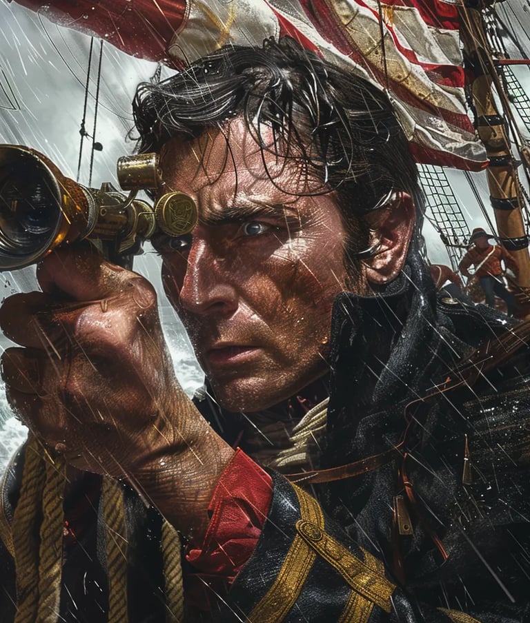 Captain Stephen Decatur gripping a spyglass, his weathered face set with determination