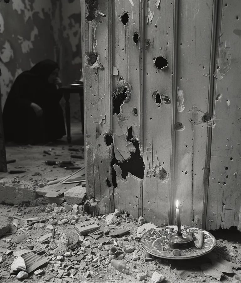 wooden door hanging off its hinges, bullet holes riddling its surface