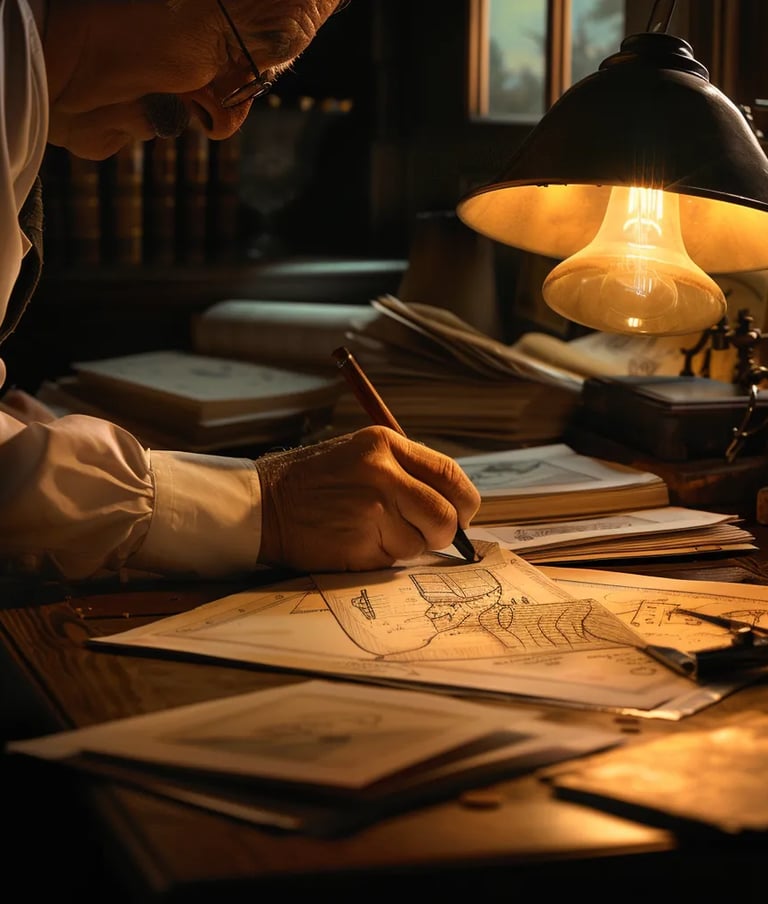  Close-up of Walt Disney’s hands carefully inking the outline of an early cartoon character