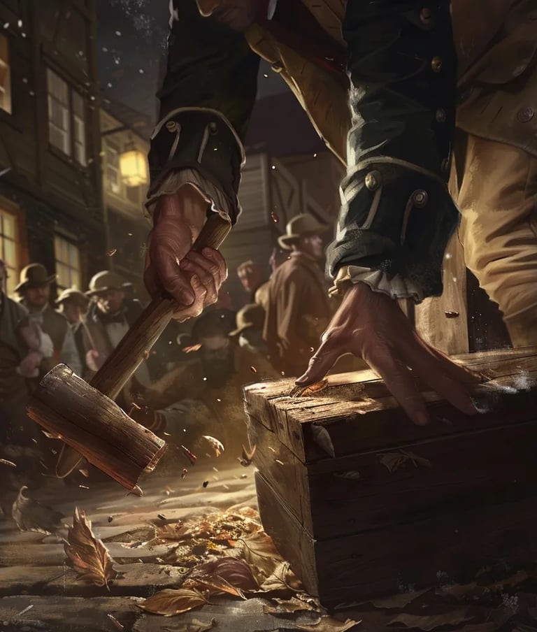  colonial rebel smashing open a wooden tea crate with a hatchet