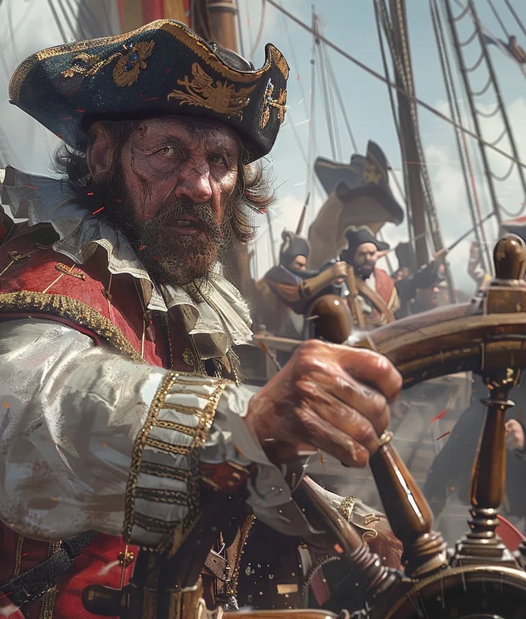 Dutch admiral gripping the ship’s wheel, his face streaked with sweat and gunpowder
