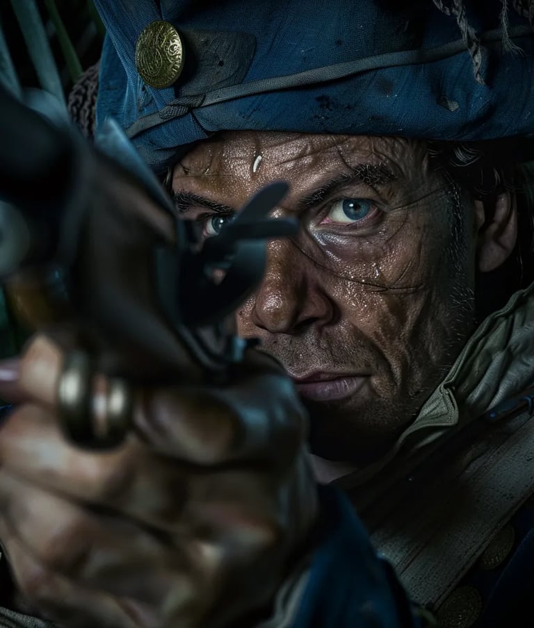 Dutch soldier, his musket raised, looking nervously into the darkness of the jungle