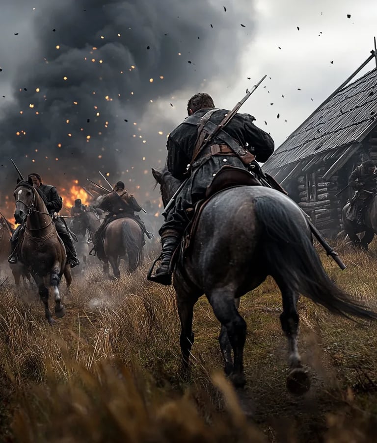 Explosive encounter on the edge of Fowltown, warriors and soldiers engaged in chaotic movement