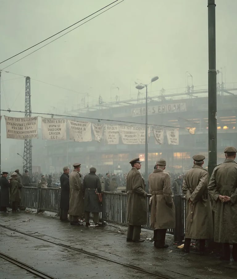  outside Stadion Feijenoord in Rotterdam, 1938, uniformed police in wool tunics and Dutch-style helm