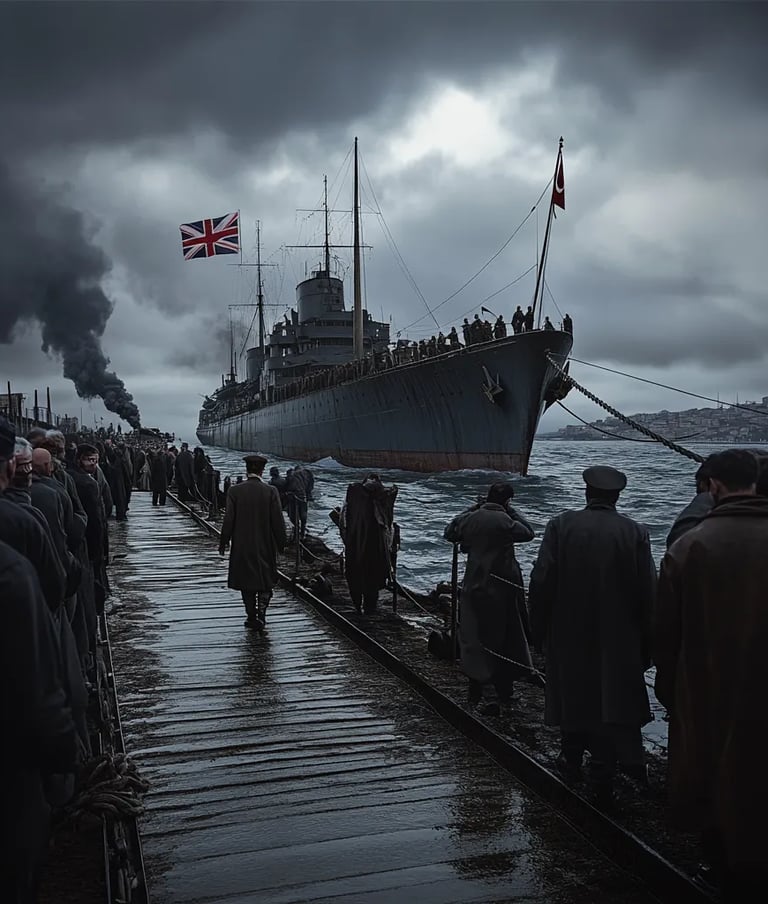 harbor scene with naval ship at anchor, gangplank extended toward dock, Sultan walking calmly across