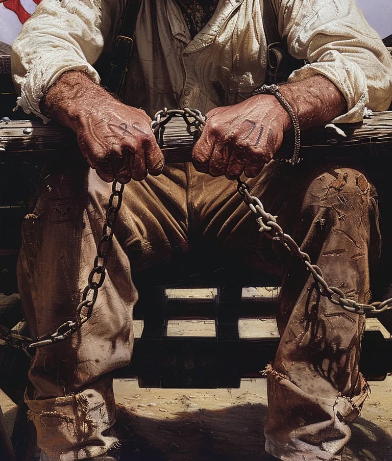 Horse-Drawn Wagon, 1851 – Close-up of Fairbank’s hands shackled in iron restraints