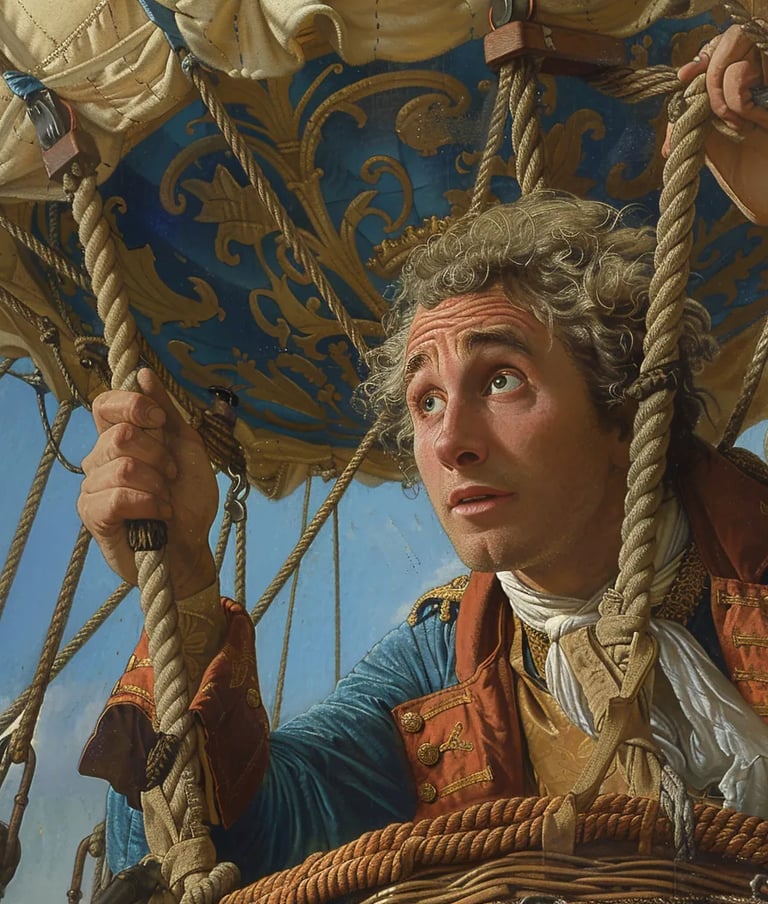 Rozier gripping the edge of the balloon’s basket, his eyes wide with exhilaration as he ascen