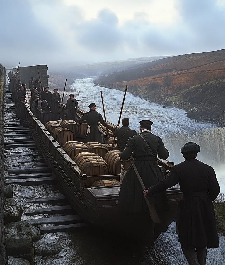 a narrowboat laden with wine barrels glides across the aqueduct’s iron channel