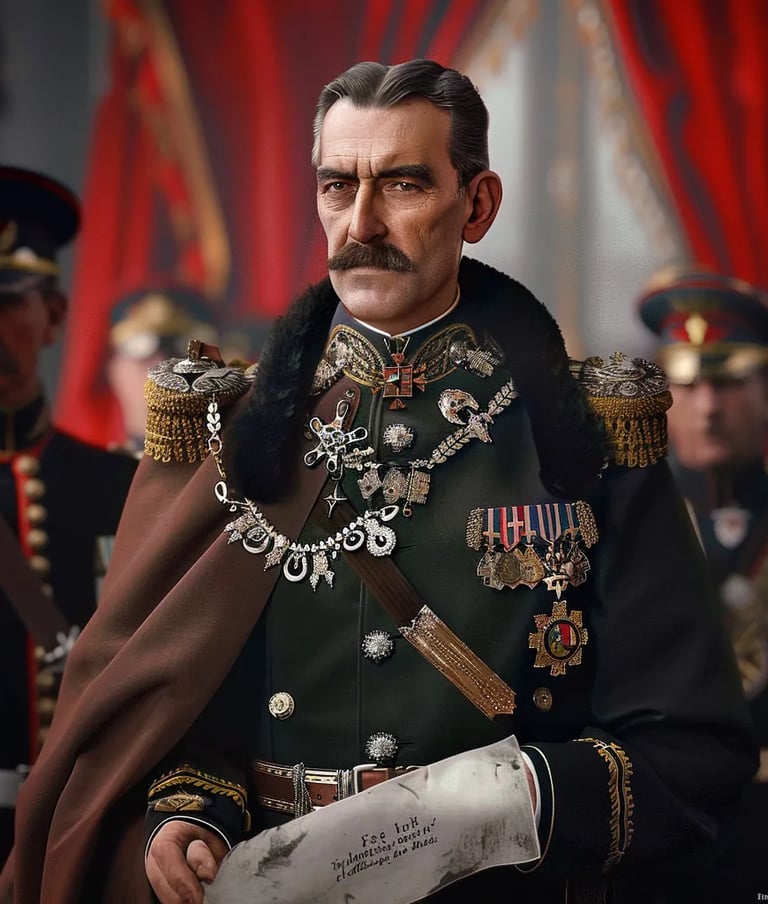King Alexander I holding the official proclamation, dressed in formal royal attire 