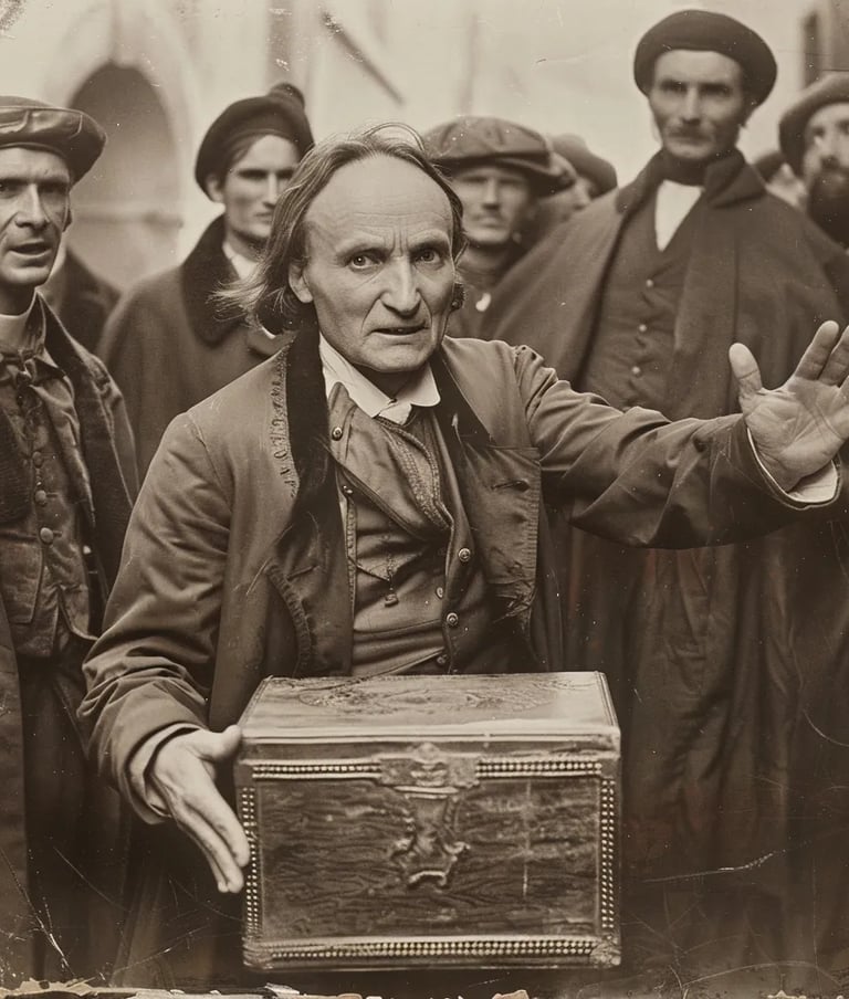 Robert-Houdin standing beside a large iron chest