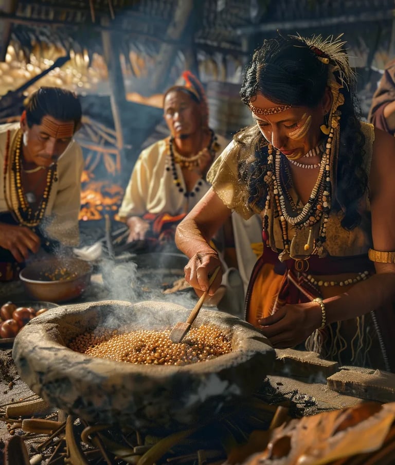 Taino woman roasting maize over an open fire