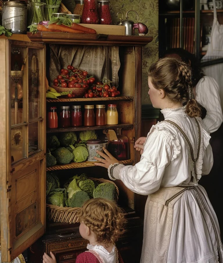 wooden icebox featuring Elkins’ innovative cooling system, with fresh vegetables inside