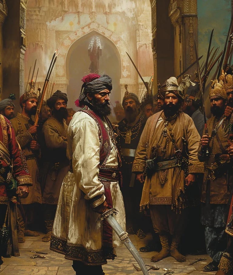 hah Shuja standing before Akbar Khan