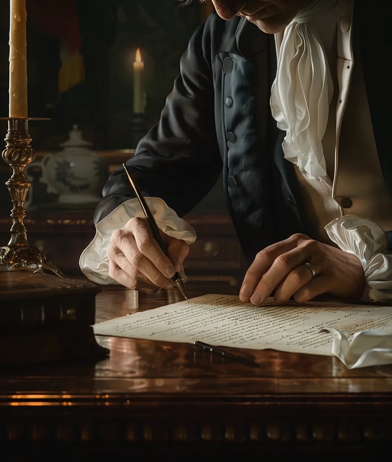 ohn Adams seated at a wooden desk, dipping a quill into an inkwell as he writes a letter to Abigail