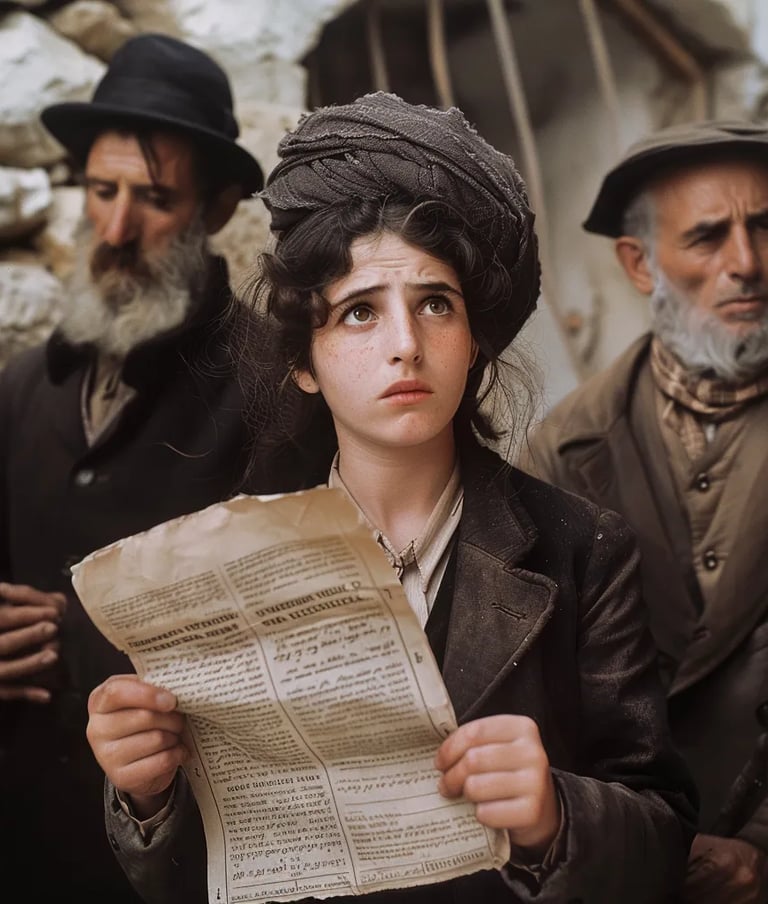 ewish settlers reading the Balfour Declaration in a small stone-walled settlement