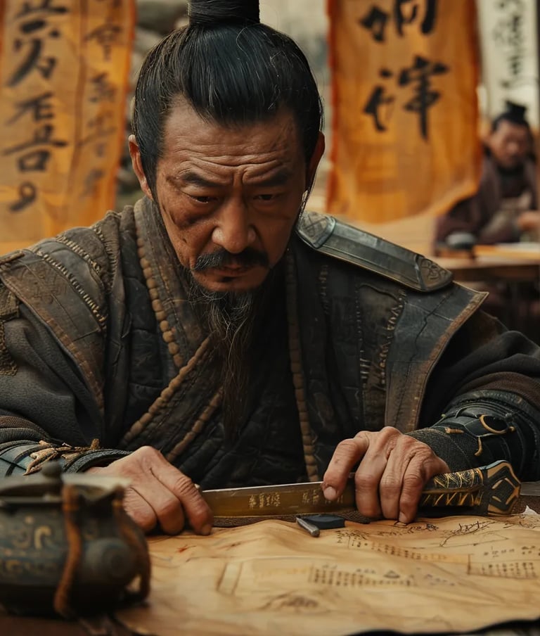 Close-up of a battle-hardened Jin commander, his hands resting on the hilt of his sheathed sabe 