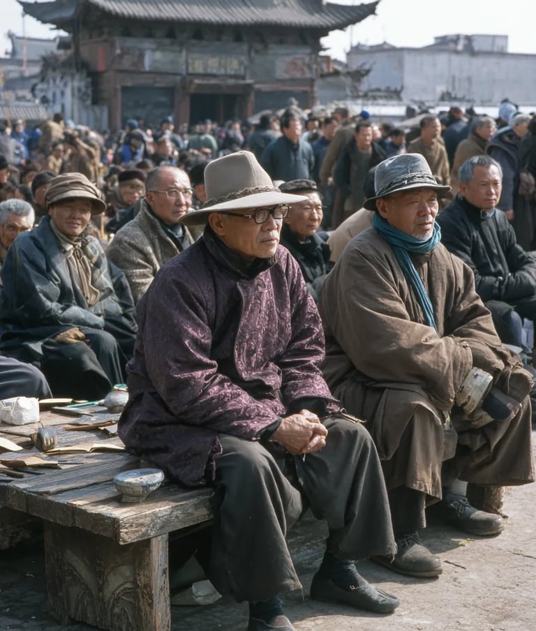 Kaifeng’s bustling market square, 1200, a magistrate wearing smoke-tinted quartz glasses