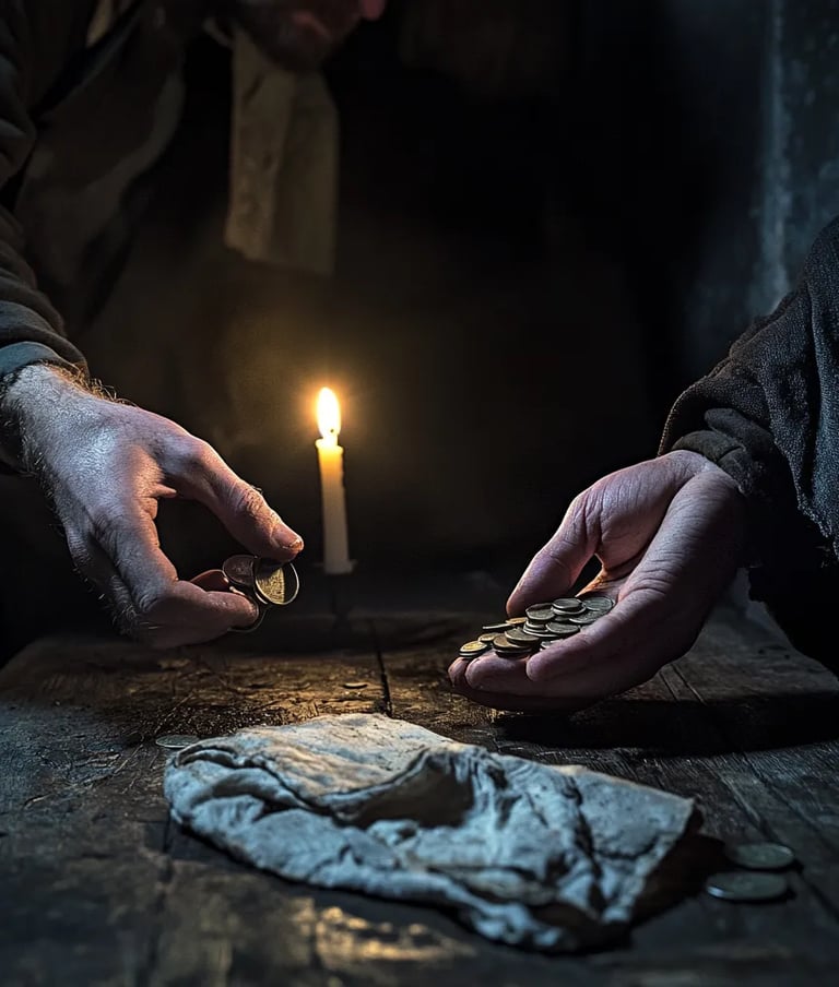 William Burke’s trembling hands as he counts a handful of coins, freshly paid for a body sold 