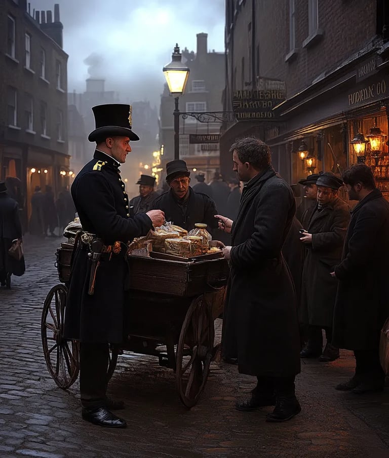 a London policeman in 1829 stopping to speak with a street vendor