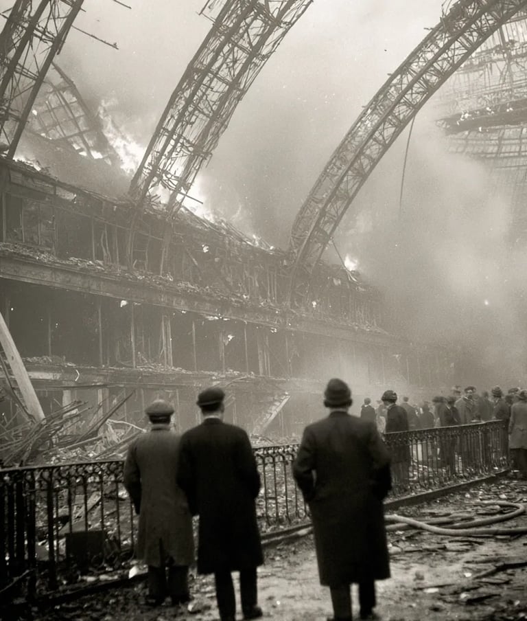 Crystal Palace interior ablaze: towering iron rafters bend in orange-red flames, shattered glass pan