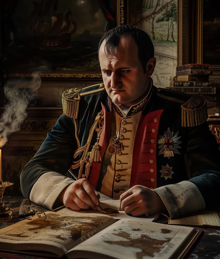  Napoleon seated at an ornate wooden desk, scribbling notes in his memoirs