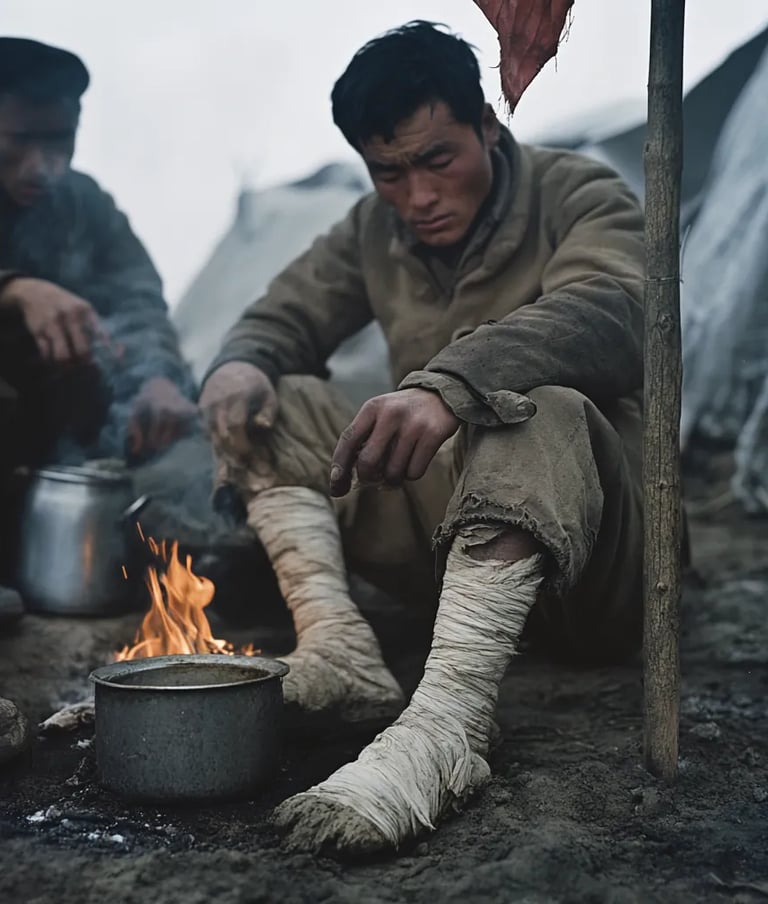 wounded soldier sitting beside a campfire, wrapping his frostbitten feet with strips of cloth
